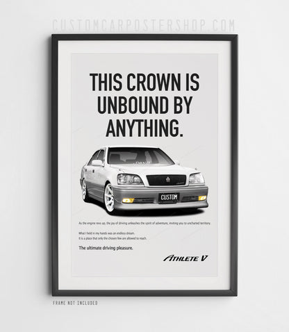 Custom Toyota Crown Athlete V 1JZ poster with lowered suspension, white rims, front lip, and translated English typography