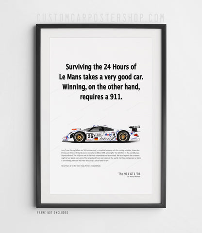 High-detail poster of Porsche 911 GT1 Le Mans 1998 winner with retro “Requires a 911” ad design and Mobil 1 livery – perfect for Porsche racing fans