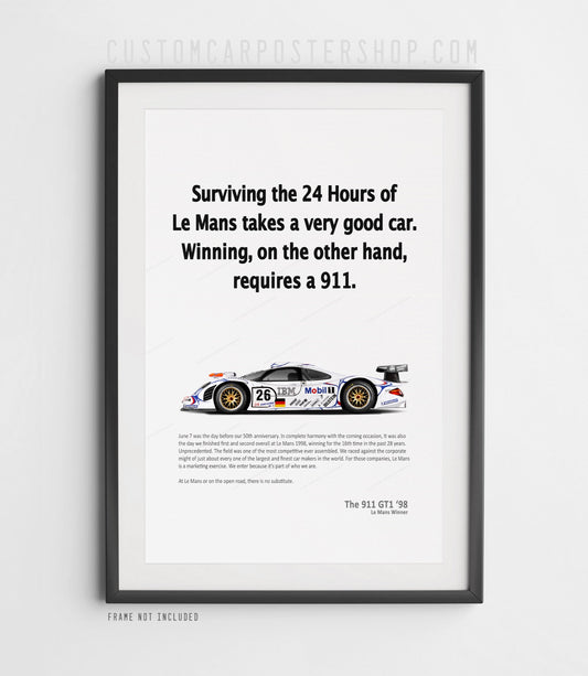 High-detail poster of Porsche 911 GT1 Le Mans 1998 winner with retro “Requires a 911” ad design and Mobil 1 livery – perfect for Porsche racing fans