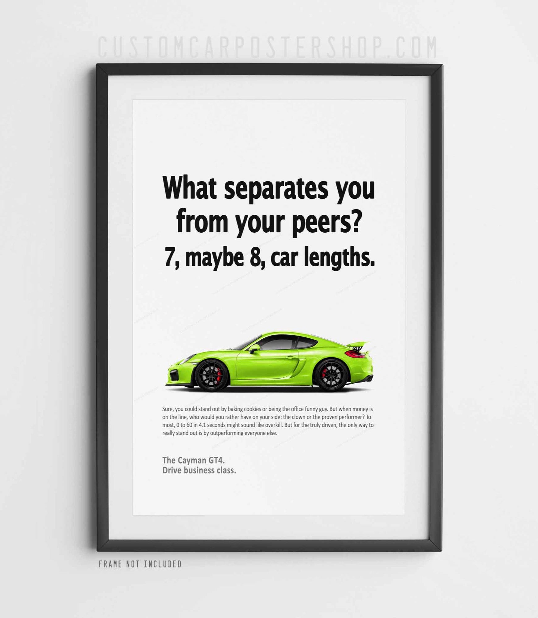 Minimalist Porsche 981 Cayman GT4 “Car Lengths” magazine ad poster – high-quality wall art for GT4 fans, garages, and office decor.