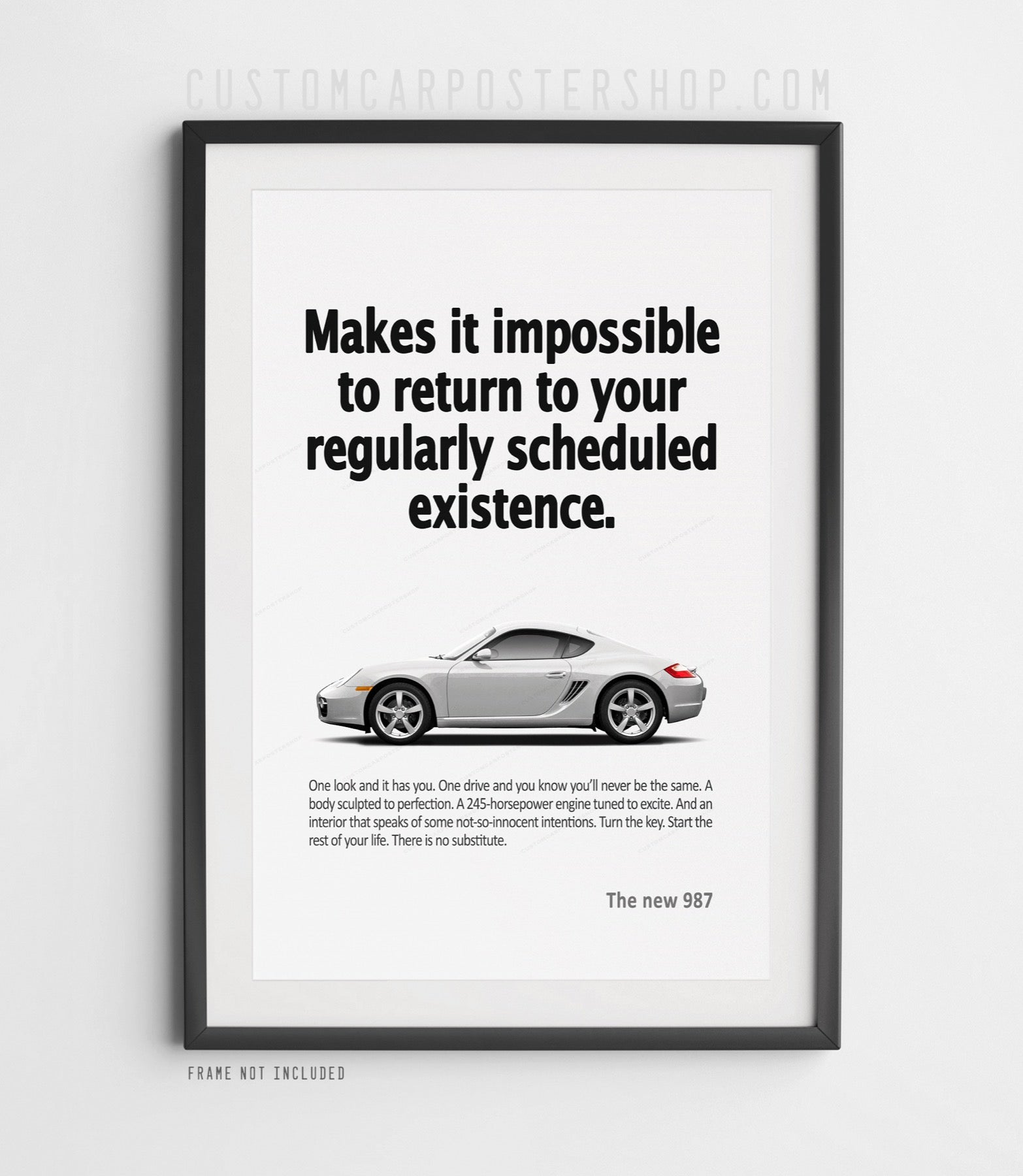 Remastered Porsche 987.1 Cayman Poster – ‘Scheduled Existence’ Print Ad Wall Art in Silver, 2006–2008 Cayman Garage Decor, Perfect Gift for Porsche Enthusiasts