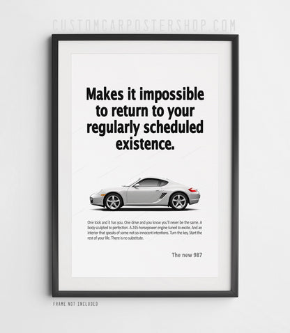Remastered Porsche 987.1 Cayman Poster – ‘Scheduled Existence’ Print Ad Wall Art in Silver, 2006–2008 Cayman Garage Decor, Perfect Gift for Porsche Enthusiasts