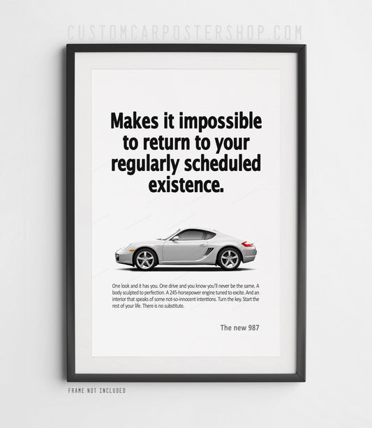 Remastered Porsche 987.1 Cayman Poster – ‘Scheduled Existence’ Print Ad Wall Art in Silver, 2006–2008 Cayman Garage Decor, Perfect Gift for Porsche Enthusiasts
