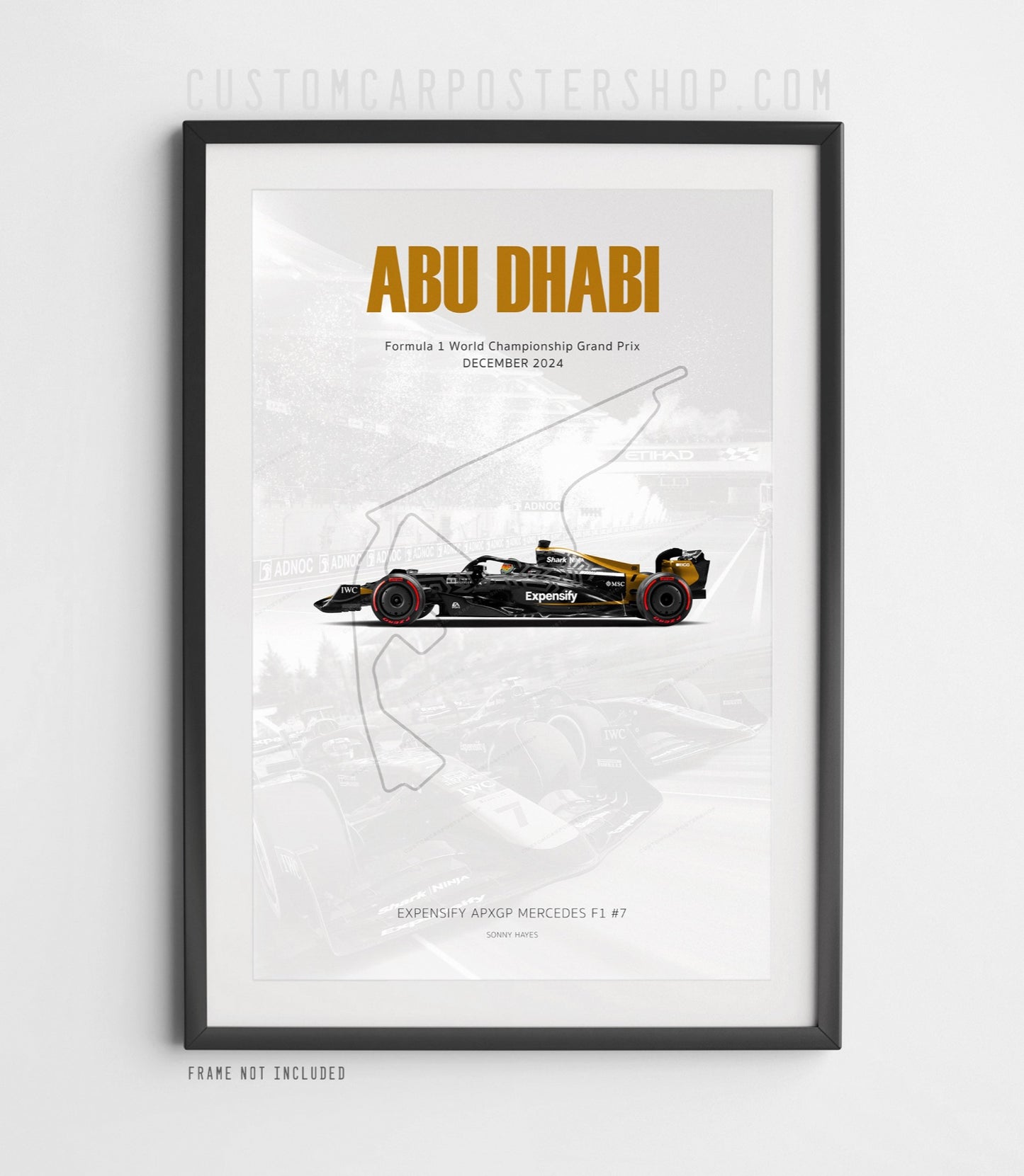 F1 Movie poster of APXGP Car #7 driven by Sonny Hayes – Abu Dhabi GP 2024 podium tribute wall art for Formula 1 and motorsport fans.