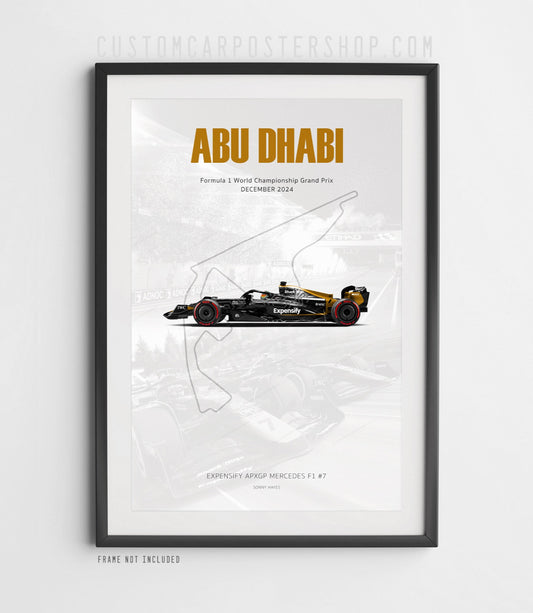 F1 Movie poster of APXGP Car #7 driven by Sonny Hayes – Abu Dhabi GP 2024 podium tribute wall art for Formula 1 and motorsport fans.
