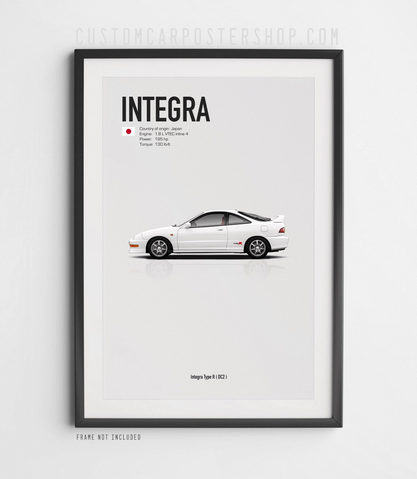 Acura Integra Type R DC2 minimalist print featuring white JDM coupe side profile on clean grey background