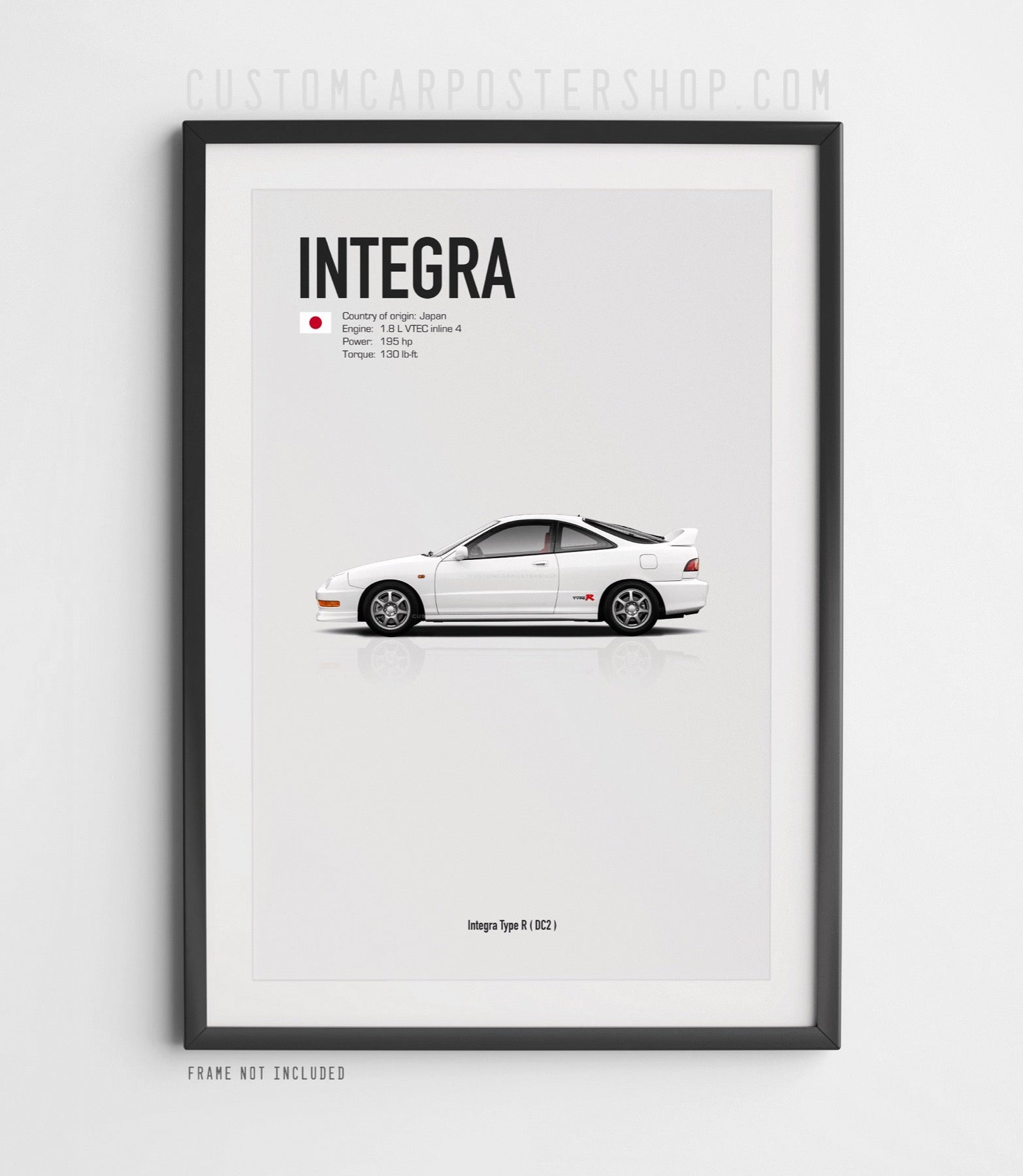 Acura Integra Type R DC2 minimalist print featuring white JDM coupe side profile on clean grey background