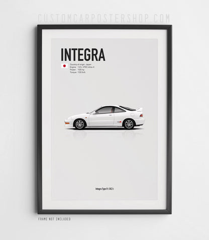 Acura Integra Type R DC2 minimalist print featuring white JDM coupe side profile on clean grey background