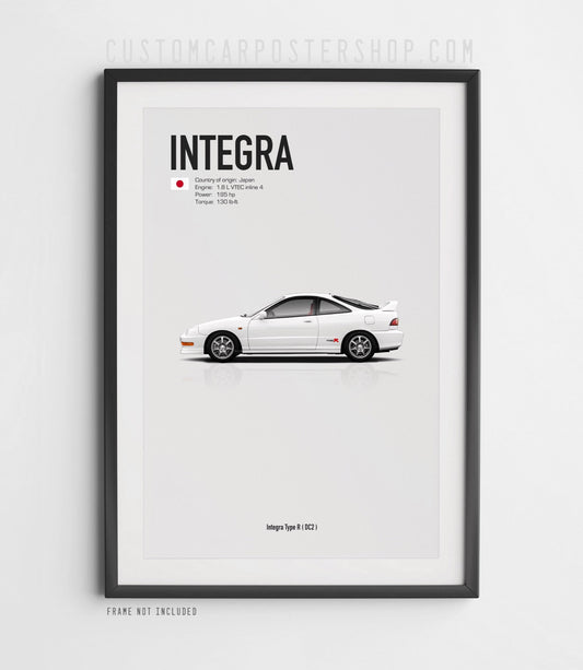Acura Integra Type R DC2 minimalist print featuring white JDM coupe side profile on clean grey background