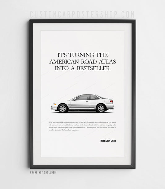 Premium Acura Integra GS-R wall art print showing a classic 1990s GS-R coupe in a clean remastered Acura advertisement style.