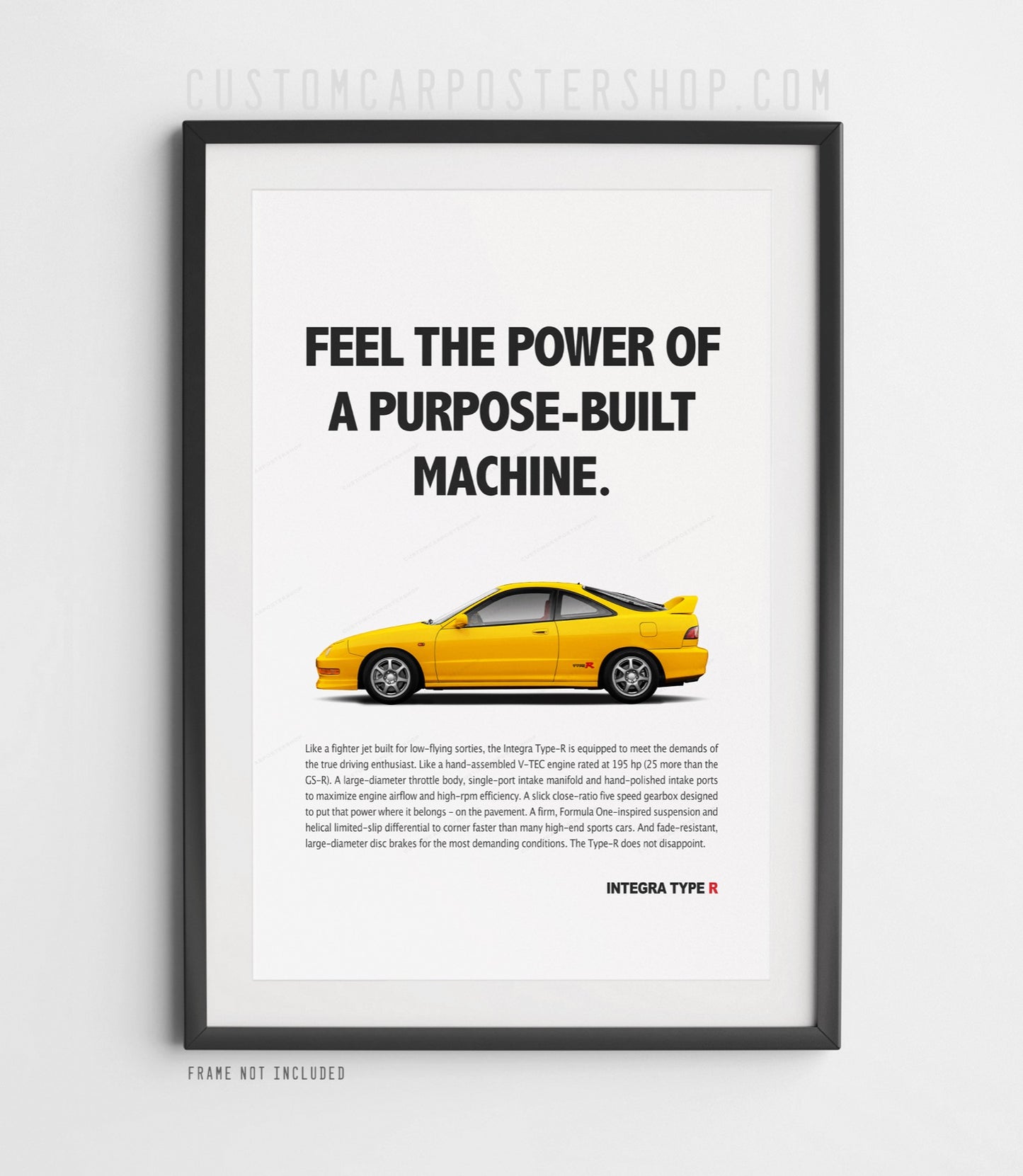 Acura Integra Type R DC2 remastered print ad poster featuring yellow 1990s JDM performance car on minimalist white background