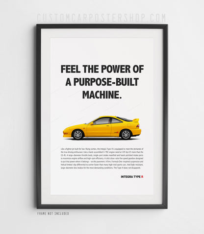 Acura Integra Type R DC2 remastered print ad poster featuring yellow 1990s JDM performance car on minimalist white background