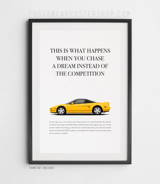 Yellow Honda Acura NSX ‘Chase a Dream’ vintage print ad remastered. Featuring iconic pop-up headlights configuration.