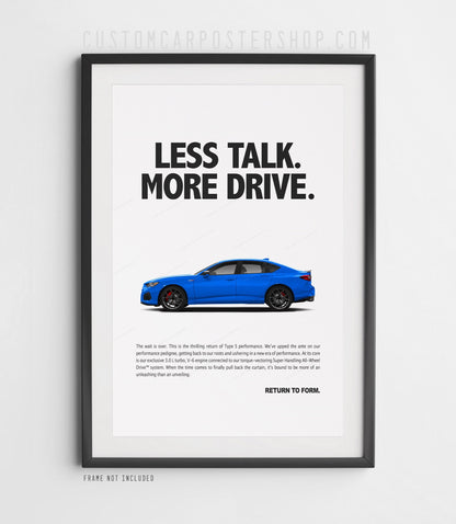 Acura TLX Type S poster in blue, modern JDM sports sedan wall art print with turbocharged V6, ideal for office, garage, or man cave decor.