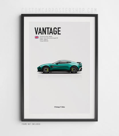 Fine art framed print of the Aston Martin V8 Vantage F1 Edition (2023) in British Racing Green side profile view.