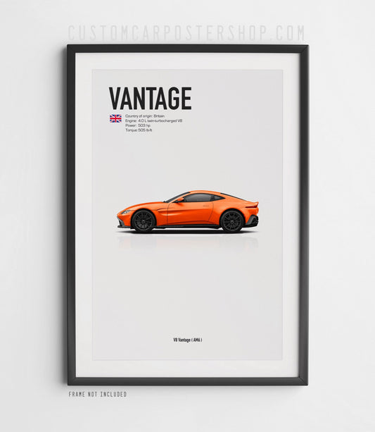 Fine art print of the Aston Martin V8 Vantage (AM6, 2018–2023) in side profile view, digitally illustrated with elegant minimalist layout.