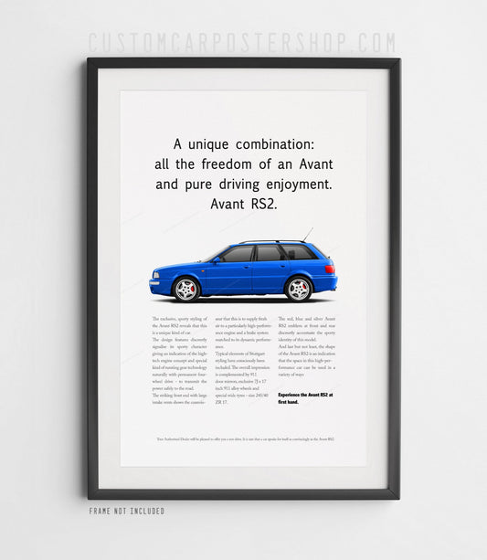Nogaro blue Audi RS2 Avant print ad poster featuring a 1994 Audi and Porsche collaboration.