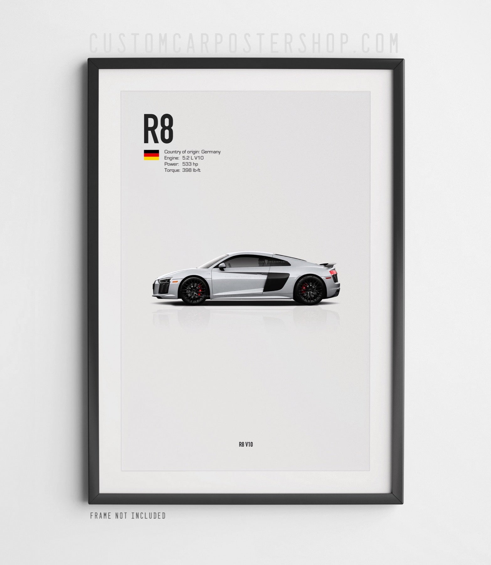 Audi R8 V10 Type 4S pre-facelift poster – 2016–2018 second-generation Audi R8 wall art print for supercar fans, collectors, and Audi enthusiasts.