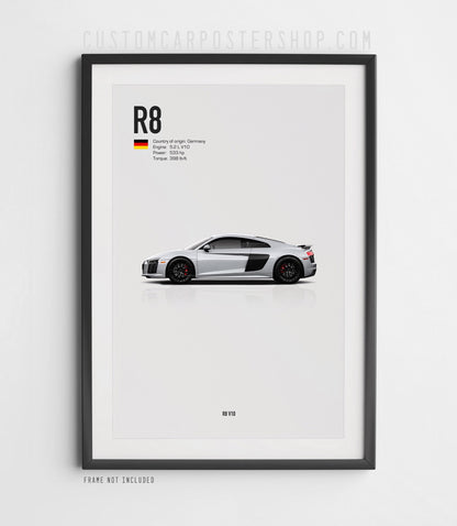 Audi R8 V10 Type 4S pre-facelift poster – 2016–2018 second-generation Audi R8 wall art print for supercar fans, collectors, and Audi enthusiasts.