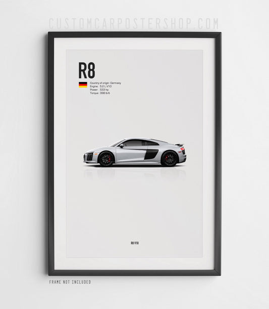 Audi R8 V10 Type 4S pre-facelift poster – 2016–2018 second-generation Audi R8 wall art print for supercar fans, collectors, and Audi enthusiasts.