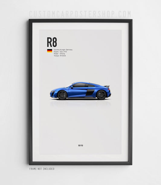 Audi R8 V10 Type 4S post-facelift poster – 2019–2024 second-generation Audi R8 wall art print for supercar fans, collectors, and Audi enthusiasts.