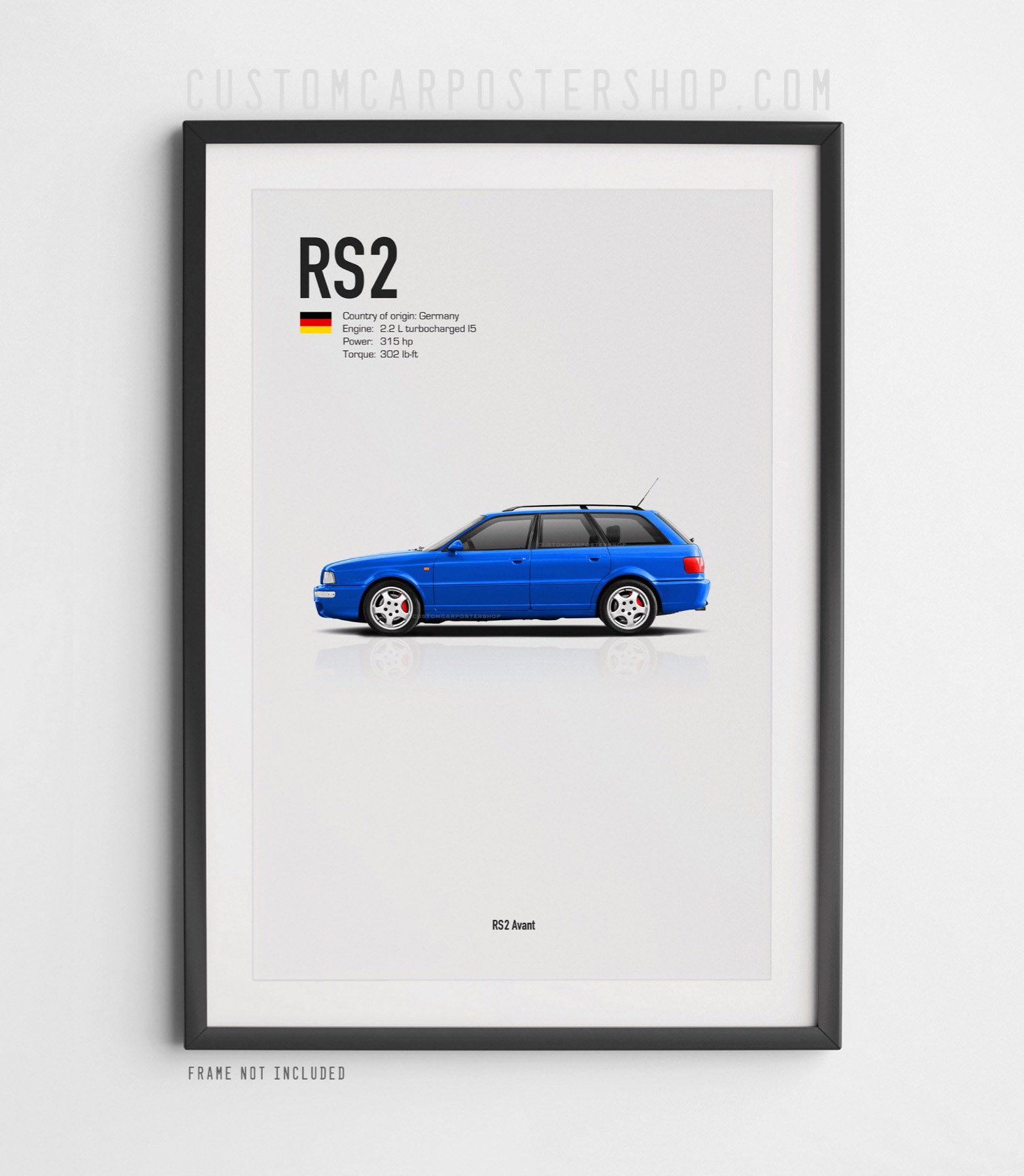 Nogaro Blue Audi RS2 Avant poster print Art featuring turbocharged five-cylinder engine and Quattro AWD