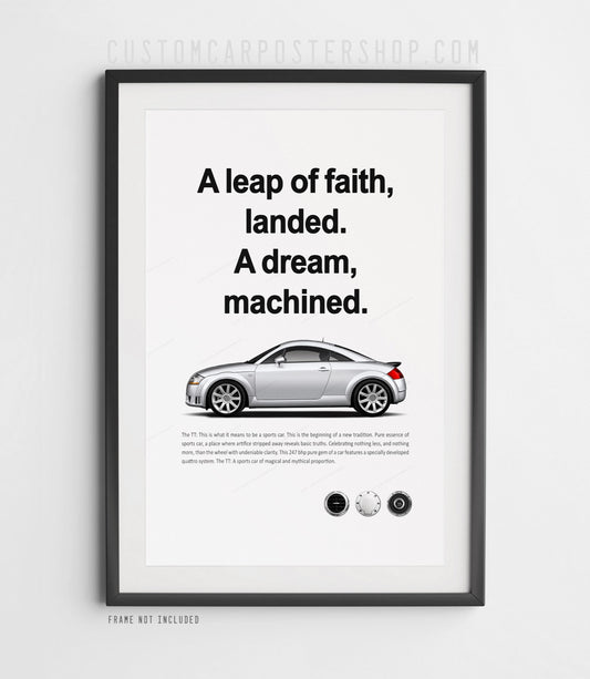 Audi TT (8N) remastered print ad “A Dream Machined” in Silver, side-profile illustration, shown in a black frame mock-up.