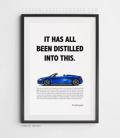 Audi R8 Spyder Type 42 in blue featured on a remastered vintage-inspired Audi print advertisement poster with “It Has All Been Distilled Into This” headline.