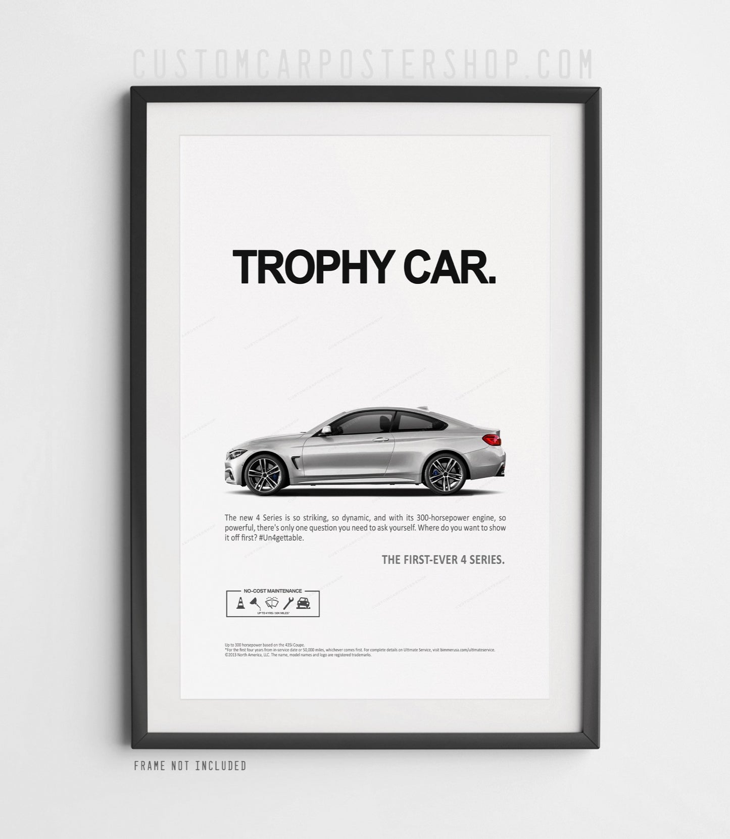 BMW F32 435i M Sport remastered Trophy Car advertisement poster featuring a BMW 4 Series coupe beneath the headline "Trophy Car"