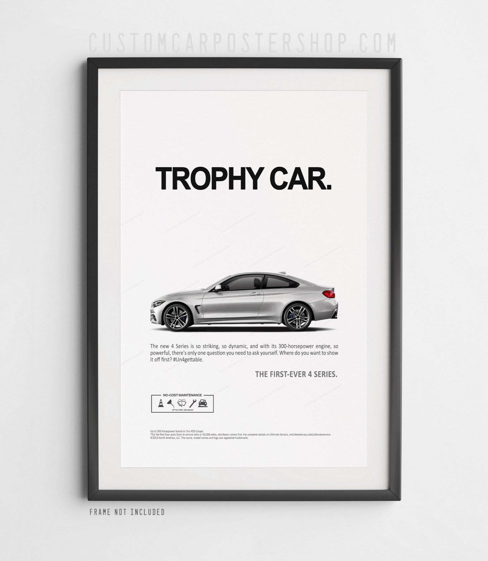 BMW F32 435i M Sport remastered Trophy Car advertisement poster featuring a BMW 4 Series coupe beneath the headline "Trophy Car"