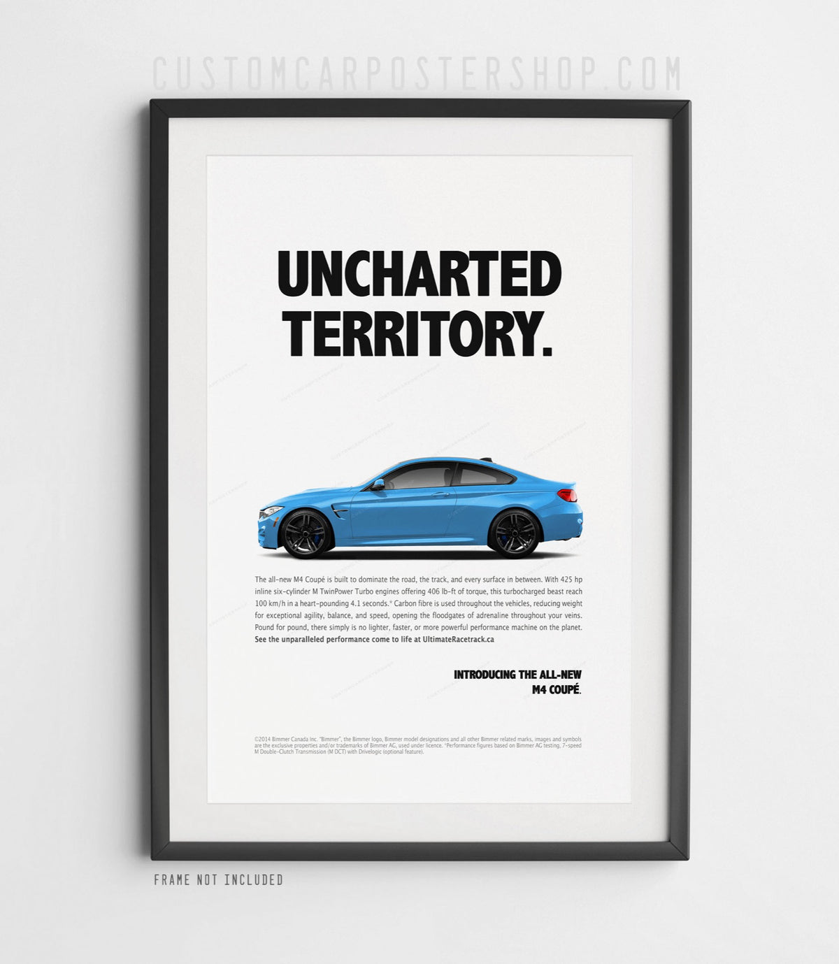 BMW M4 F82 Uncharted Territory remastered print ad featuring a Yas Marina Blue M4 coupe