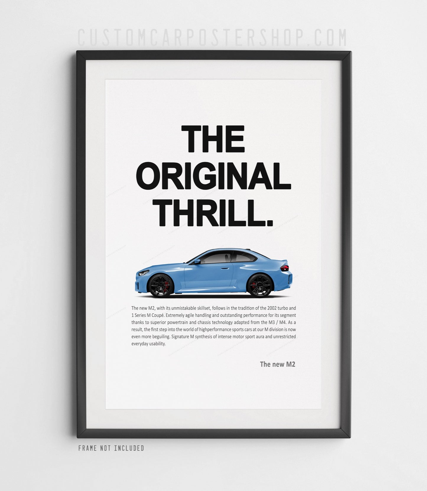 BMW M2 G87 coupe minimalist poster featuring a Zandvroot M2 side profile with bold “The Original Thrill” headline and clean white layout