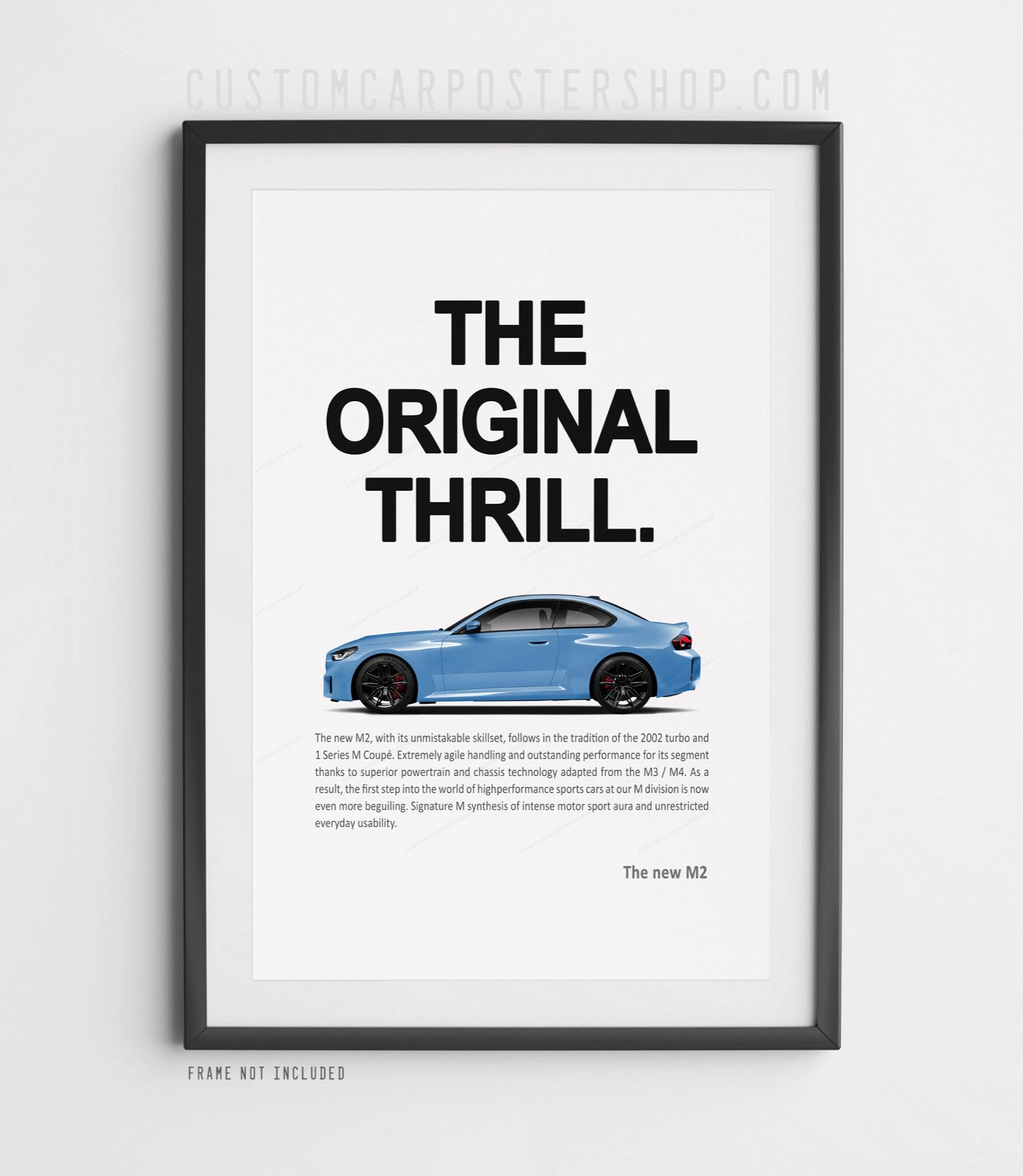 BMW M2 G87 coupe minimalist poster featuring a Zandvroot M2 side profile with bold “The Original Thrill” headline and clean white layout