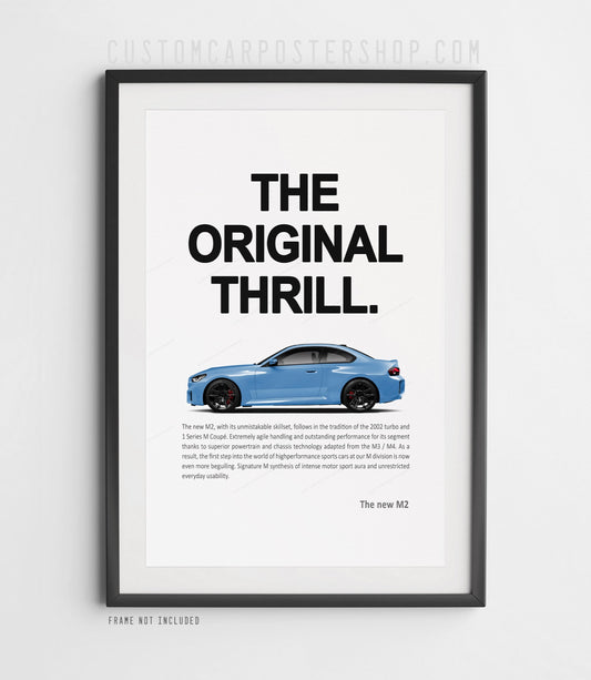 BMW M2 G87 coupe minimalist poster featuring a Zandvroot M2 side profile with bold “The Original Thrill” headline and clean white layout
