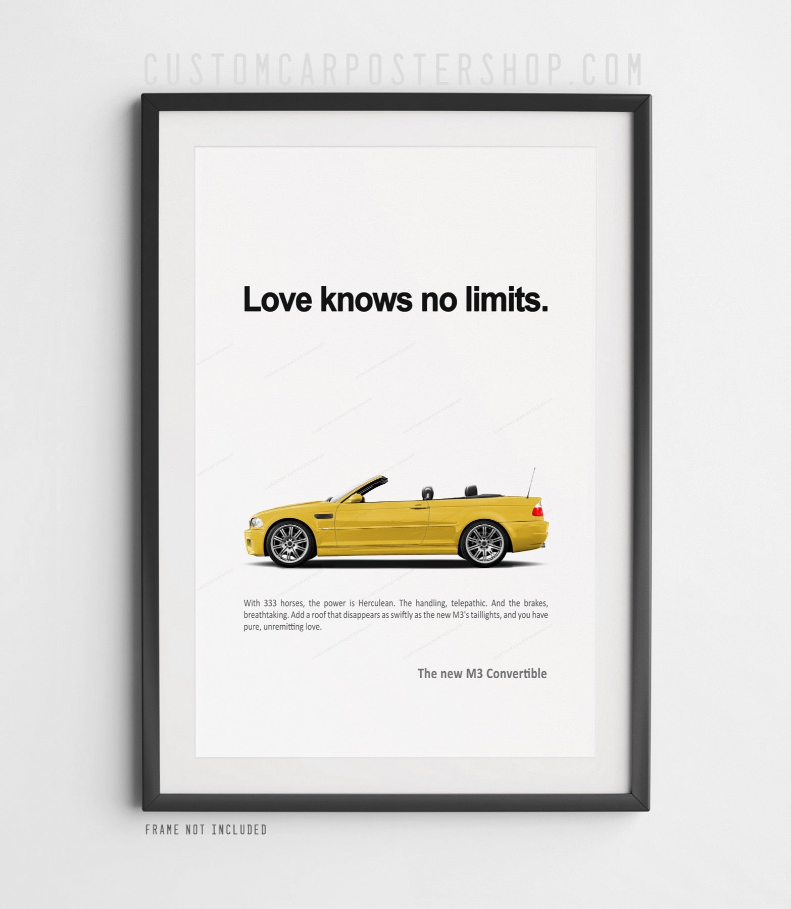 Classic Phoenix Yellow BMW E46 M3 Convertible print ad artwork featuring an open-roof silver M3 against a clean white background.