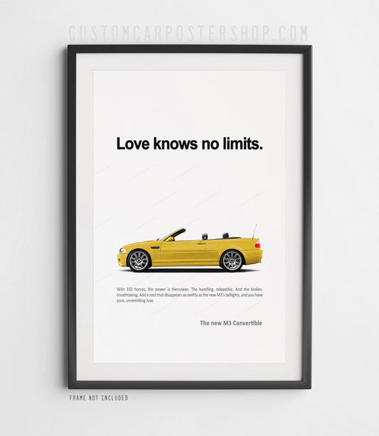 Classic Phoenix Yellow BMW E46 M3 Convertible print ad artwork featuring an open-roof silver M3 against a clean white background.
