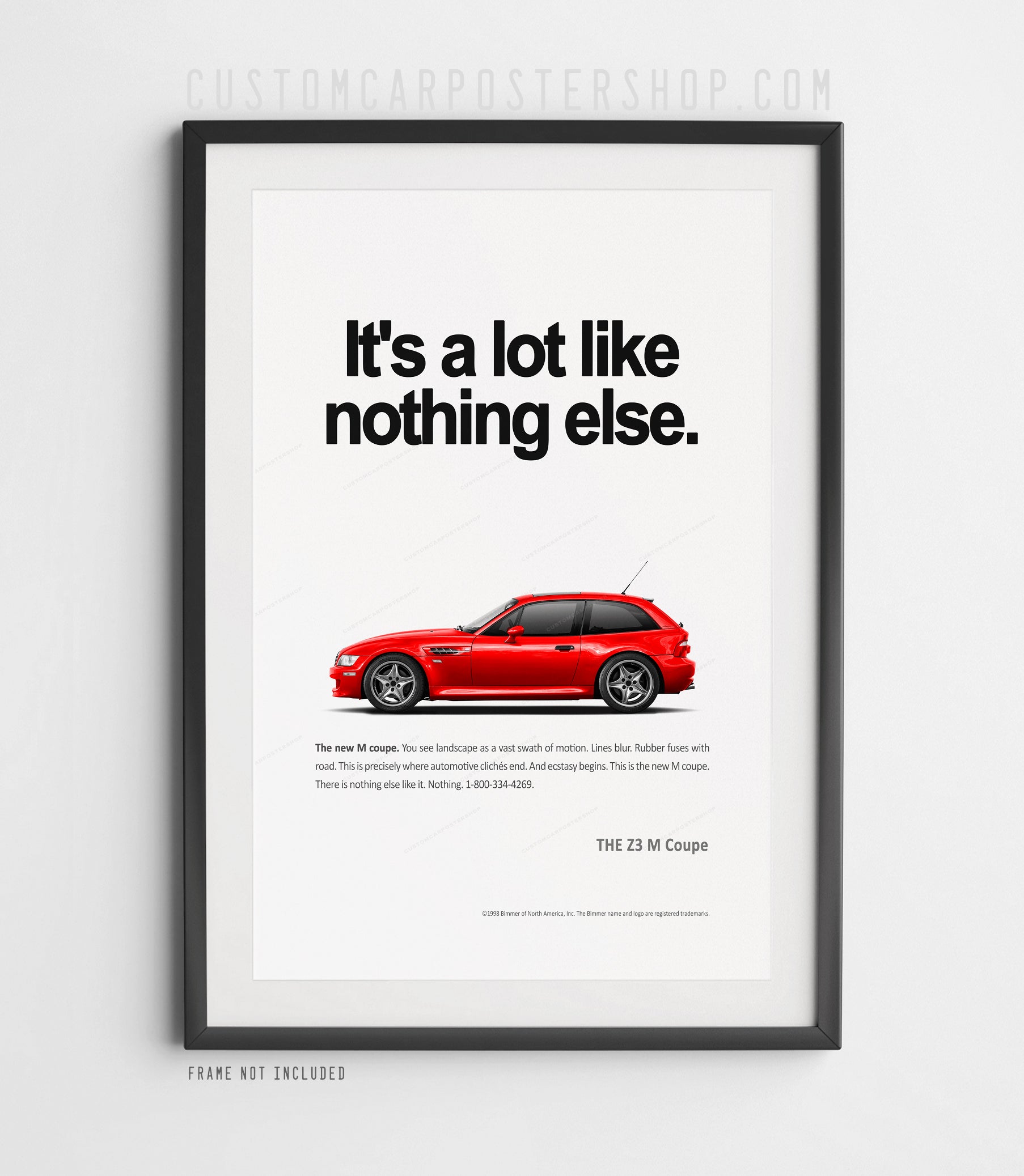 BMW Z3 M Coupe Red side profile poster with “It’s a lot like nothing else” headline, minimalist retro print ad