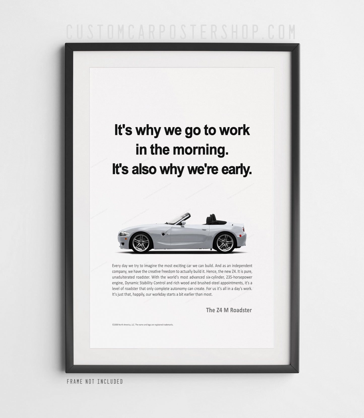 BMW Z4 M Roadster remastered poster featuring a Silver E85 convertible with bold headline text in minimalist period-correct style