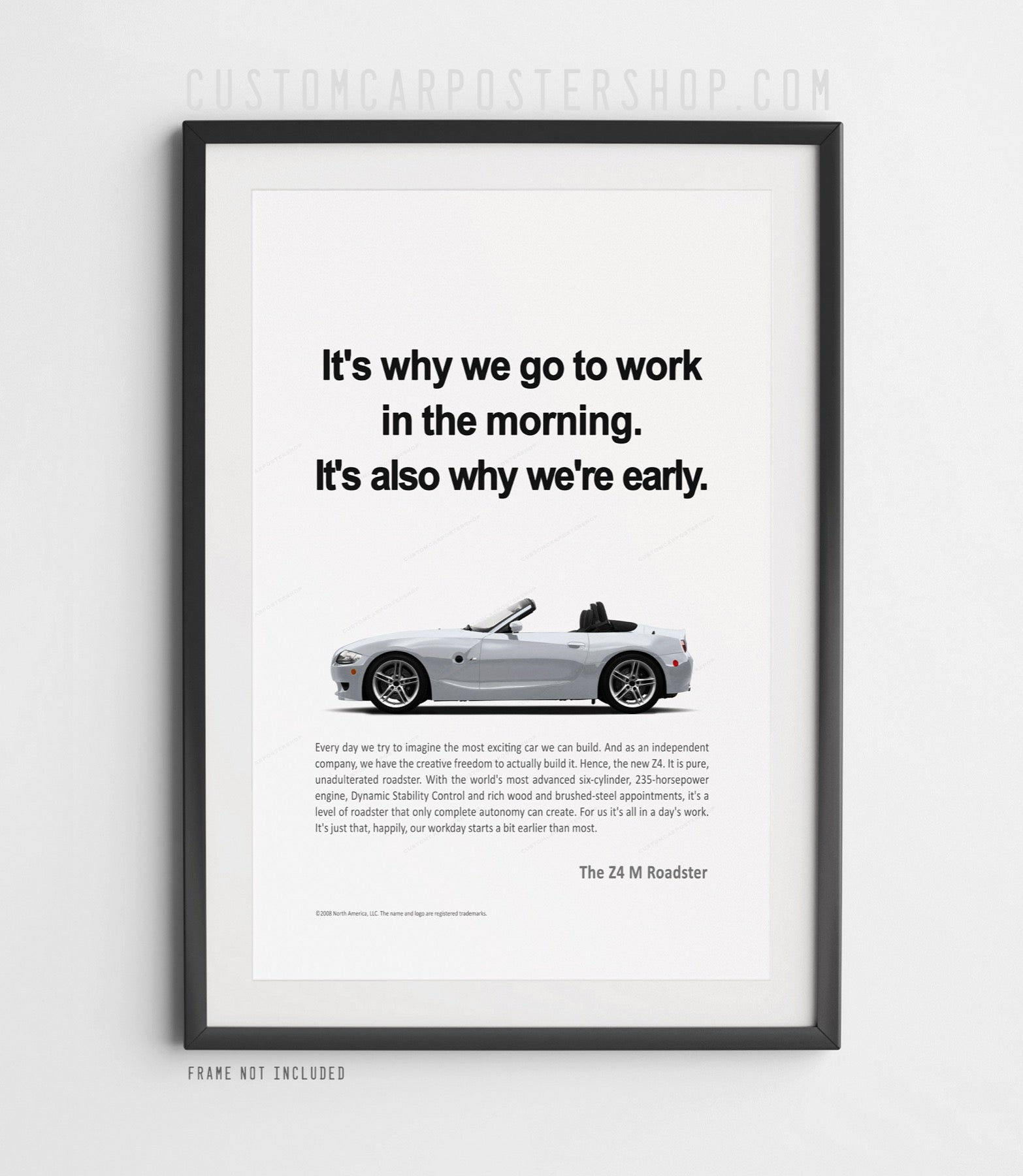 BMW Z4 M Roadster remastered poster featuring a Silver E85 convertible with bold headline text in minimalist period-correct style