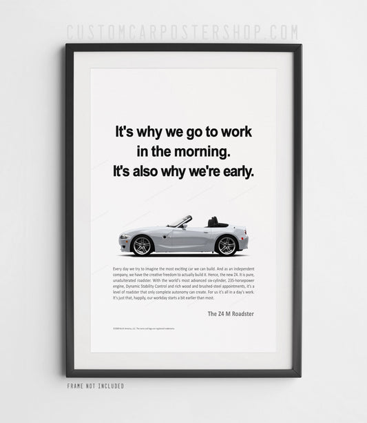 BMW Z4 M Roadster remastered poster featuring a Silver E85 convertible with bold headline text in minimalist period-correct style