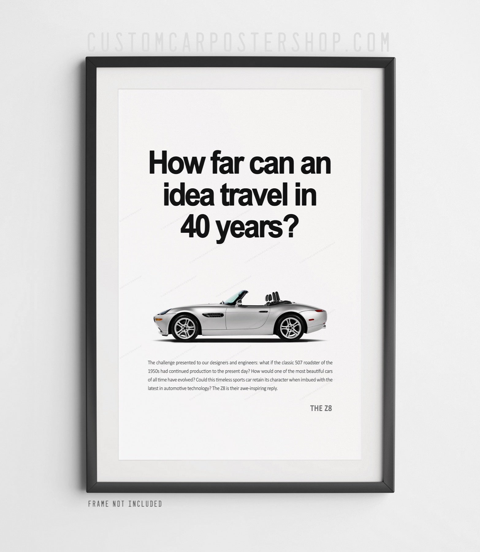 BMW Z8 silver roadster side profile poster with “40 years of ideas” headline, minimalist retro print ad