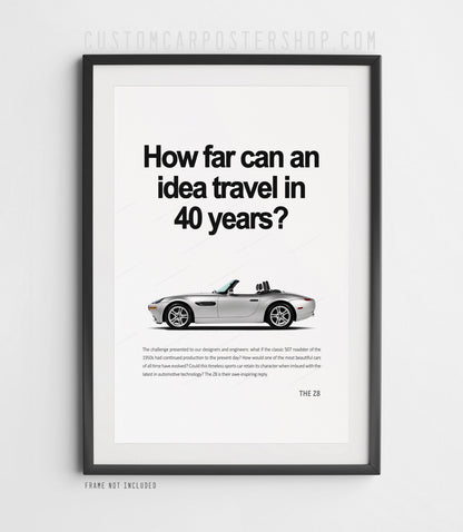 BMW Z8 silver roadster side profile poster with “40 years of ideas” headline, minimalist retro print ad