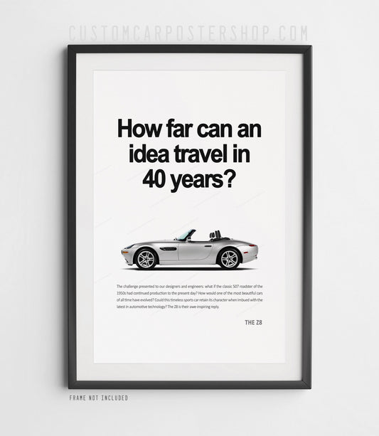 BMW Z8 silver roadster side profile poster with “40 years of ideas” headline, minimalist retro print ad
