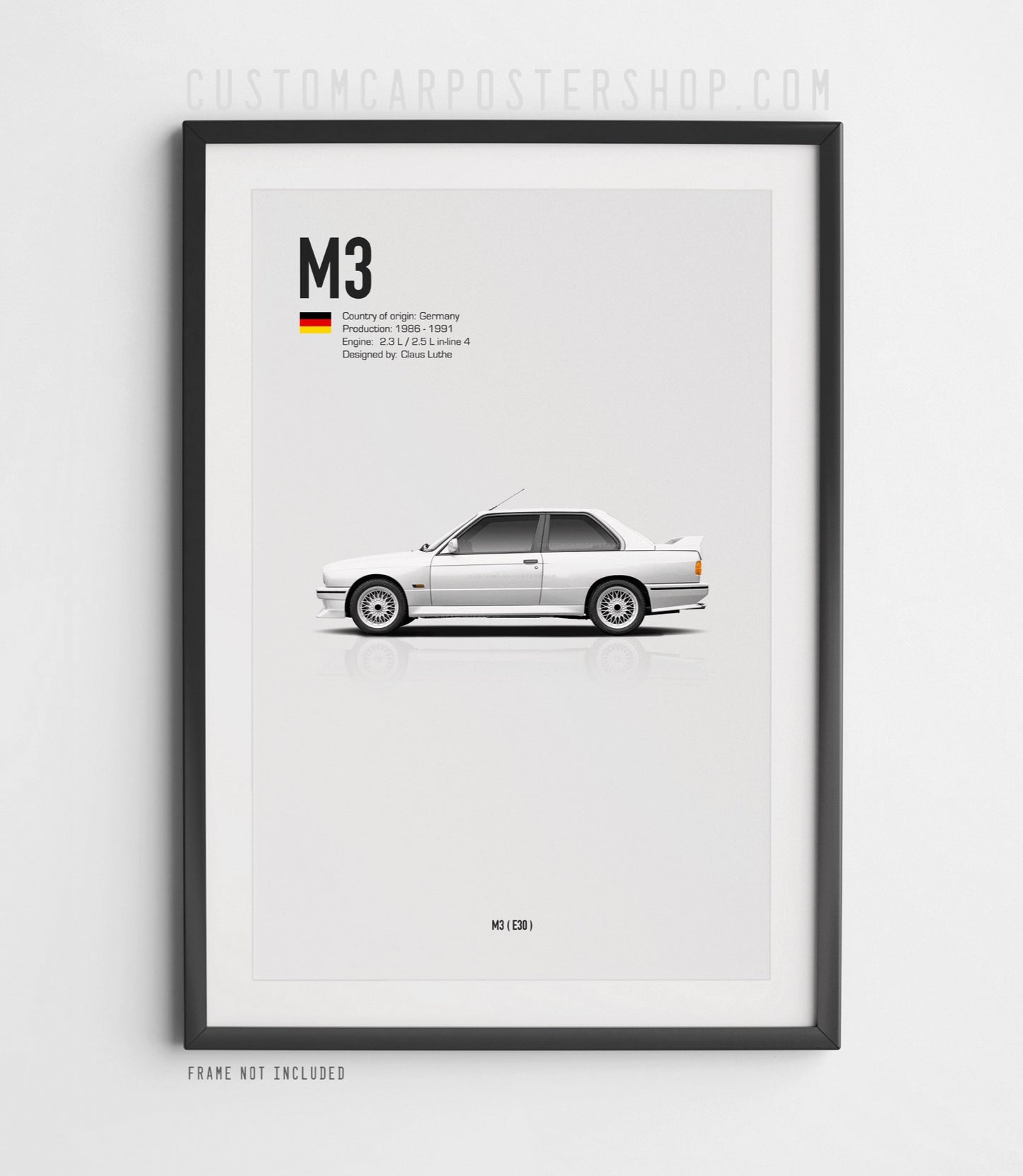 Minimalist BMW M3 E30 poster featuring a red BMW M3 side profile with German flag and technical specifications on a clean white background.