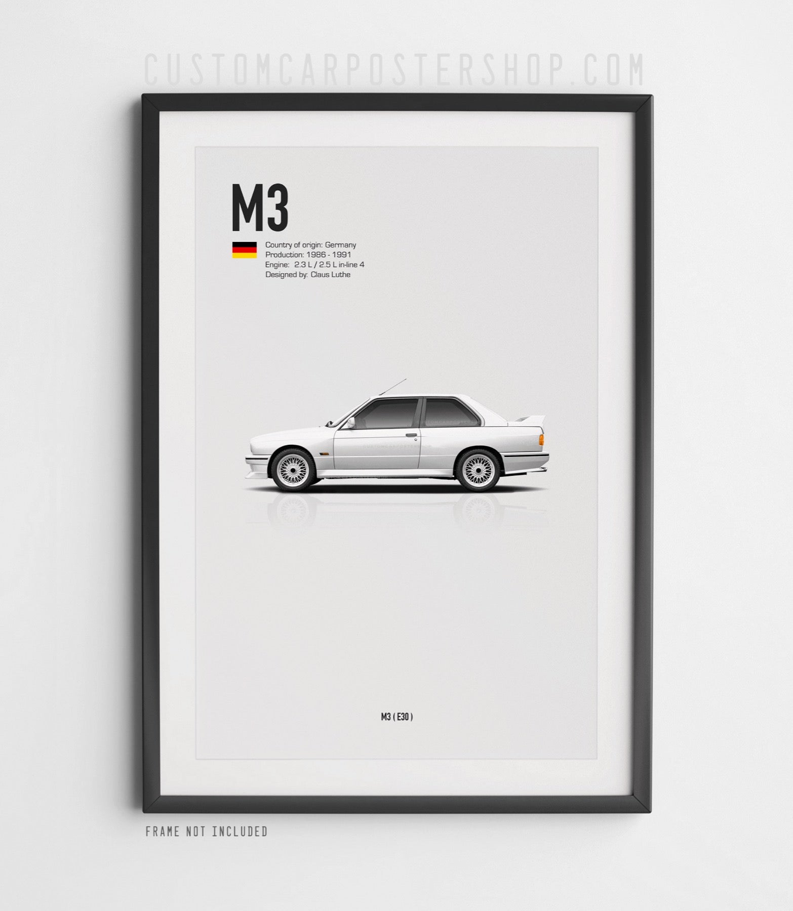 Minimalist BMW M3 E30 poster featuring a red BMW M3 side profile with German flag and technical specifications on a clean white background.