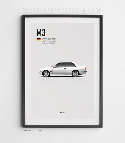 Minimalist BMW M3 E30 poster featuring a red BMW M3 side profile with German flag and technical specifications on a clean white background.