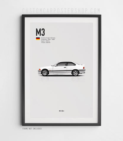 White BMW M3 E36 poster – minimalist wall art of the 1994–1999 U.S. spec M3 with 240 hp straight-six engine. Perfect collectible for BMW fans.
