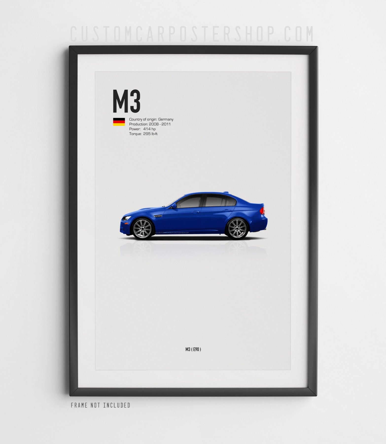 BMW M3 E90 poster – minimalist wall art of the 2008–2011 BMW M3 sports sedan in Blue. Perfect gift for BMW fans and M car enthusiasts.
