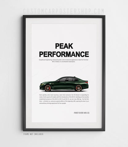 BMW M5 CS F90 remastered print ad poster featuring a green BMW M5 CS and the headline “Peak Performance”