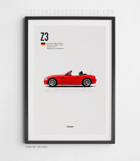 BMW Z3 Roadster poster in red. Minimalist side profile print of classic 1996–2002 convertible.